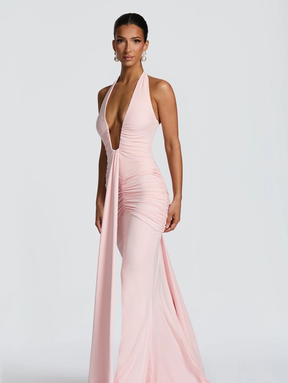 Backless Halter Ruched Evening Gown in Blush Pink